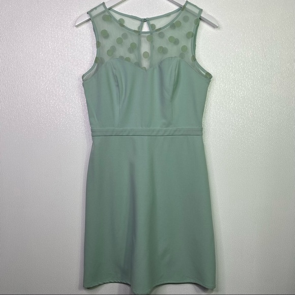 LAUREN CONRAD Light Mint Green Sheer Shoulders Polka Dot Dress Size 8 - Picture 12 of 12